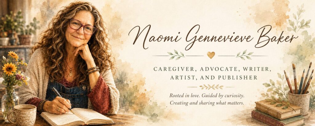 Watercolor banner portrait of Naomi Gennevieve Baker writing at a table, with the words caregiver, advocate, writer, artist, and publisher