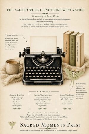 Sacred Moments Press illustration featuring a vintage typewriter, books, coffee, and a luna moth, with the message The Sacred Work of Noticing What Matters