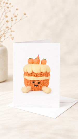 Folded white greeting card mockup featuring a smiling peach-colored cake with tiny fondant peaches, displayed with a white envelope on a soft neutral tabletop.