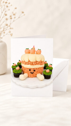 Folded white greeting card mockup featuring a smiling peach-colored cake surrounded by green-frosted cupcakes topped with tiny fondant peaches, with a white envelope beside it.
