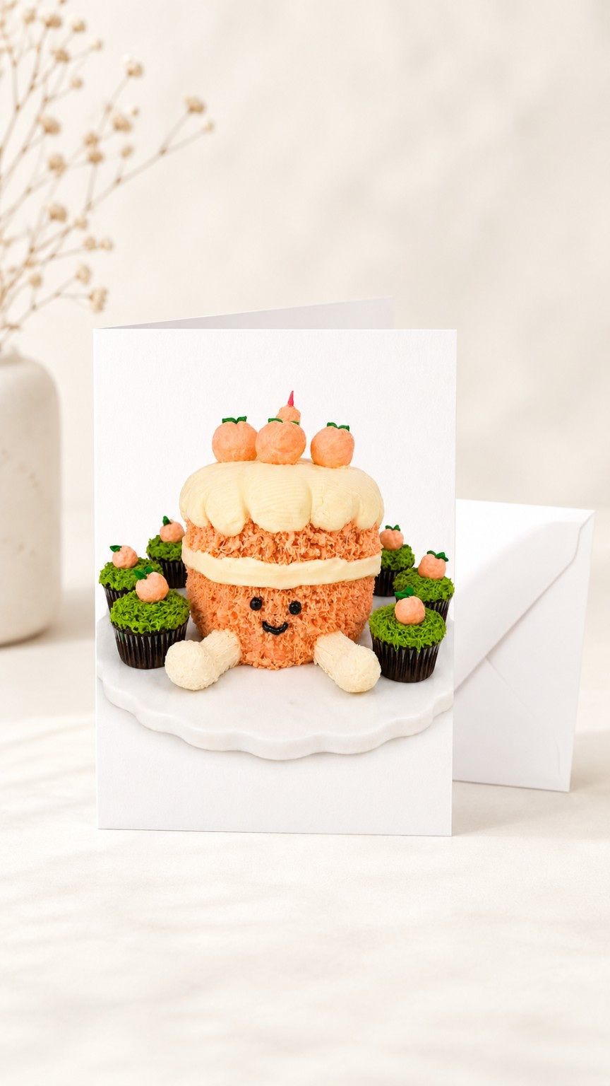 Folded white greeting card mockup featuring a smiling peach-colored cake surrounded by green-frosted cupcakes topped with tiny fondant peaches, with a white envelope beside it.