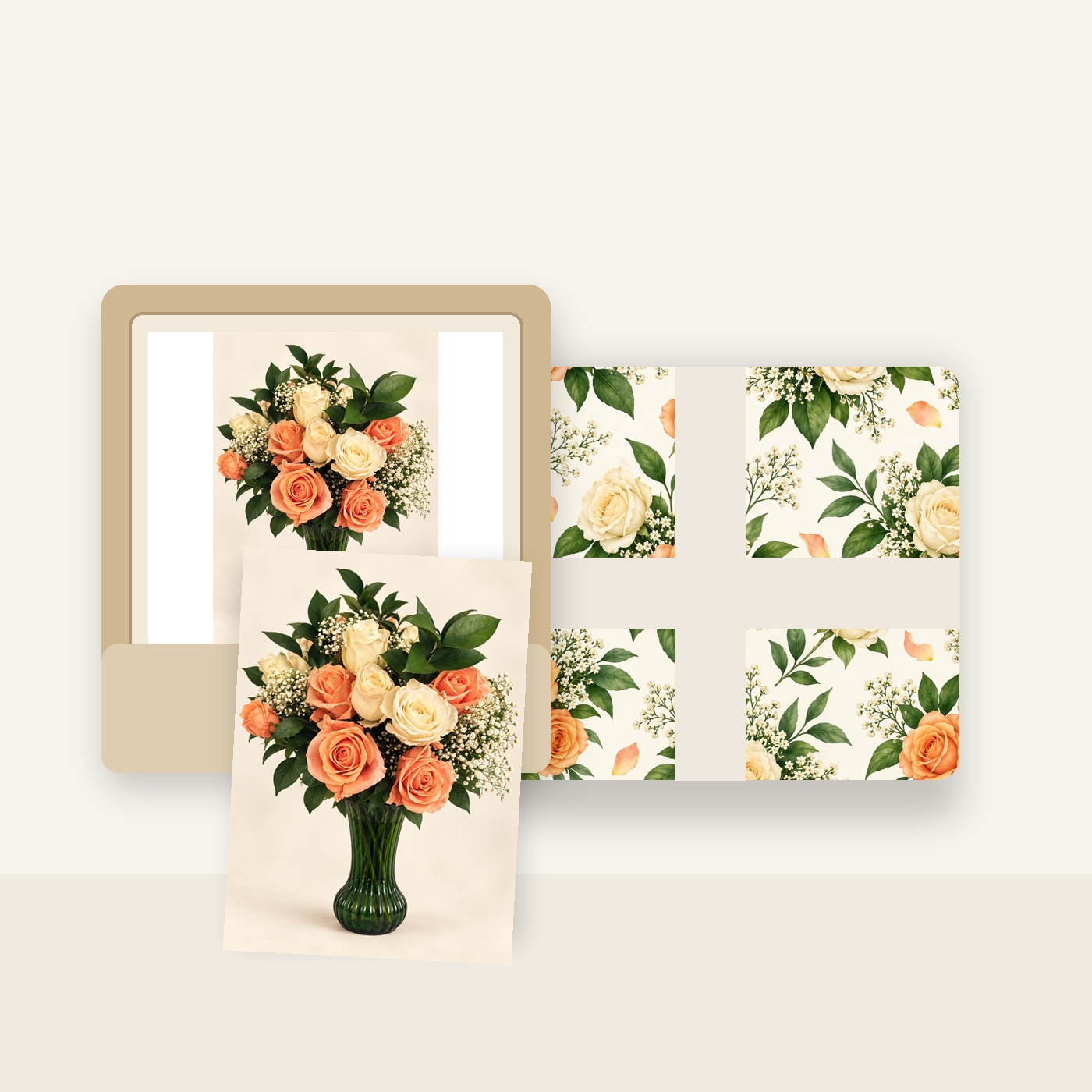 A Bouquet of Love card and wrapping paper set shown together in the current Sacred Moments Press peach-and-cream rose family.