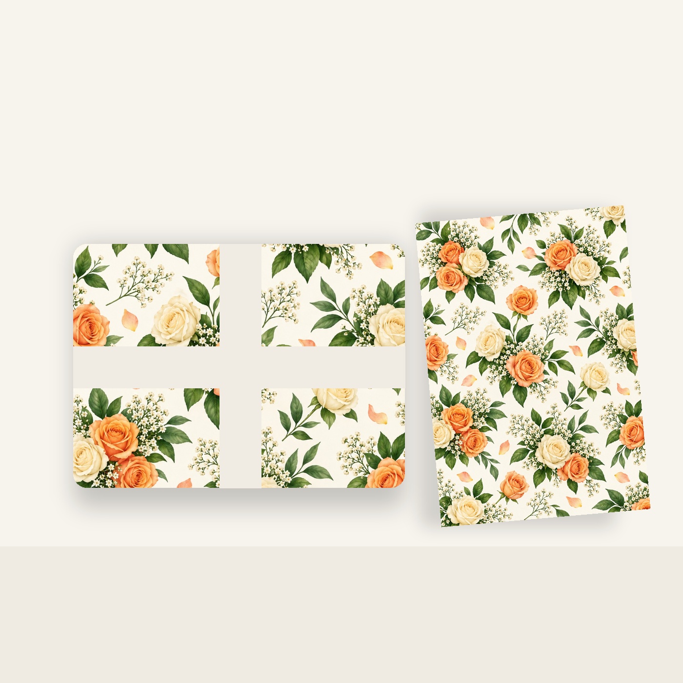 A Bouquet of Love coordinating wrapping paper with peach and cream roses, baby's breath, and green foliage on a soft cream ground.