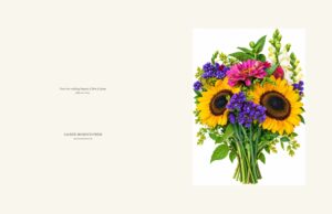 Ben and James hard-cover spiral journal artwork featuring their wedding bouquet with sunflowers, pink flowers, purple blooms, and greenery.
