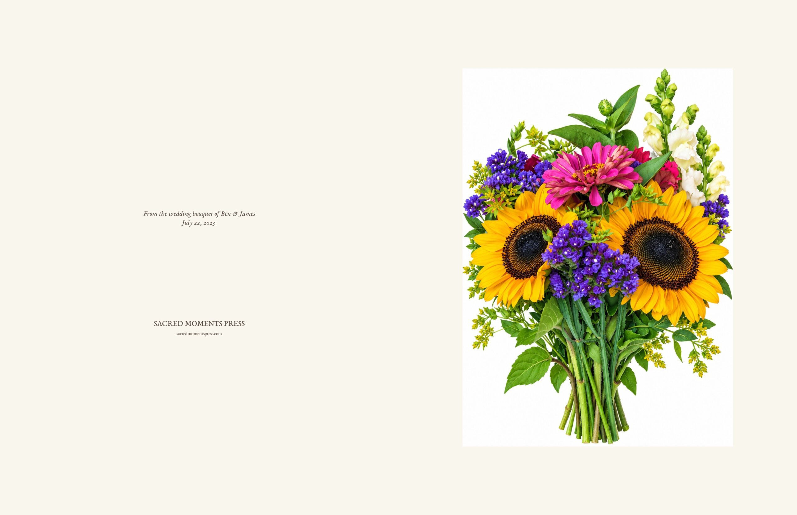 Ben and James hard-cover spiral journal artwork featuring their wedding bouquet with sunflowers, pink flowers, purple blooms, and greenery.