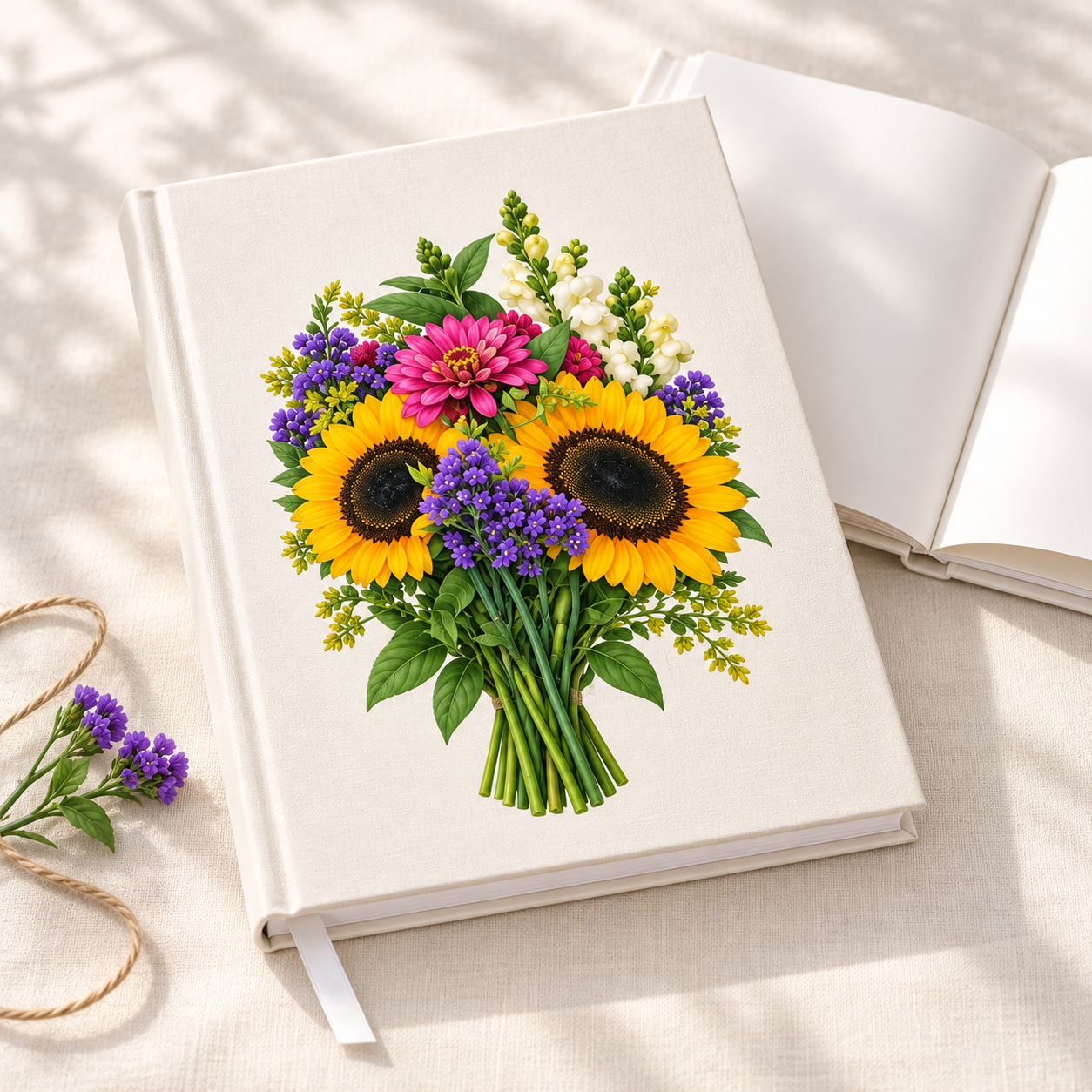Cream casebound guest book mockup featuring the Ben and James wedding bouquet with sunflowers, pink flowers, purple blooms, white flowers, and greenery on the cover.