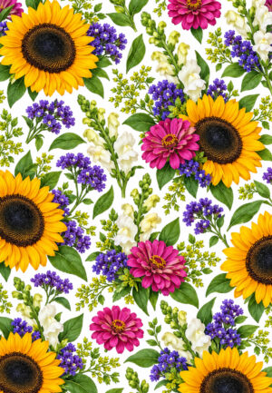 Repeating sunflower, pink zinnia, purple wildflower, white snapdragon, and green foliage wrapping-paper pattern on white.