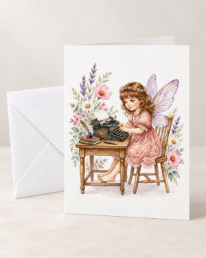 Folded white greeting card mockup featuring a fairy child in a rose-pink dress writing at a vintage typewriter among lavender, daisies, books, ink, and garden flowers, with a white envelope behind it.