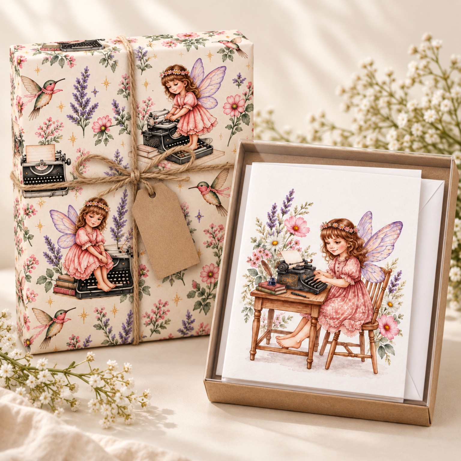 Fairy Writer gift set mockup with a wrapped box in coordinating fairy-writer paper beside a kraft box of folded cards featuring the Fairy Writer at her typewriter.