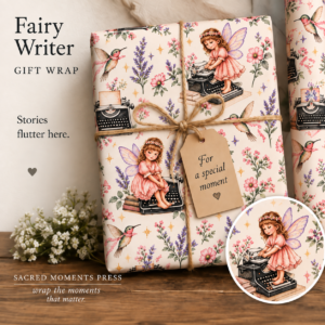 Wrapped gift featuring fairy writers at vintage typewriters among lavender, pink flowers, hummingbirds, and botanical sprigs, with no loose feathers or detached wings.