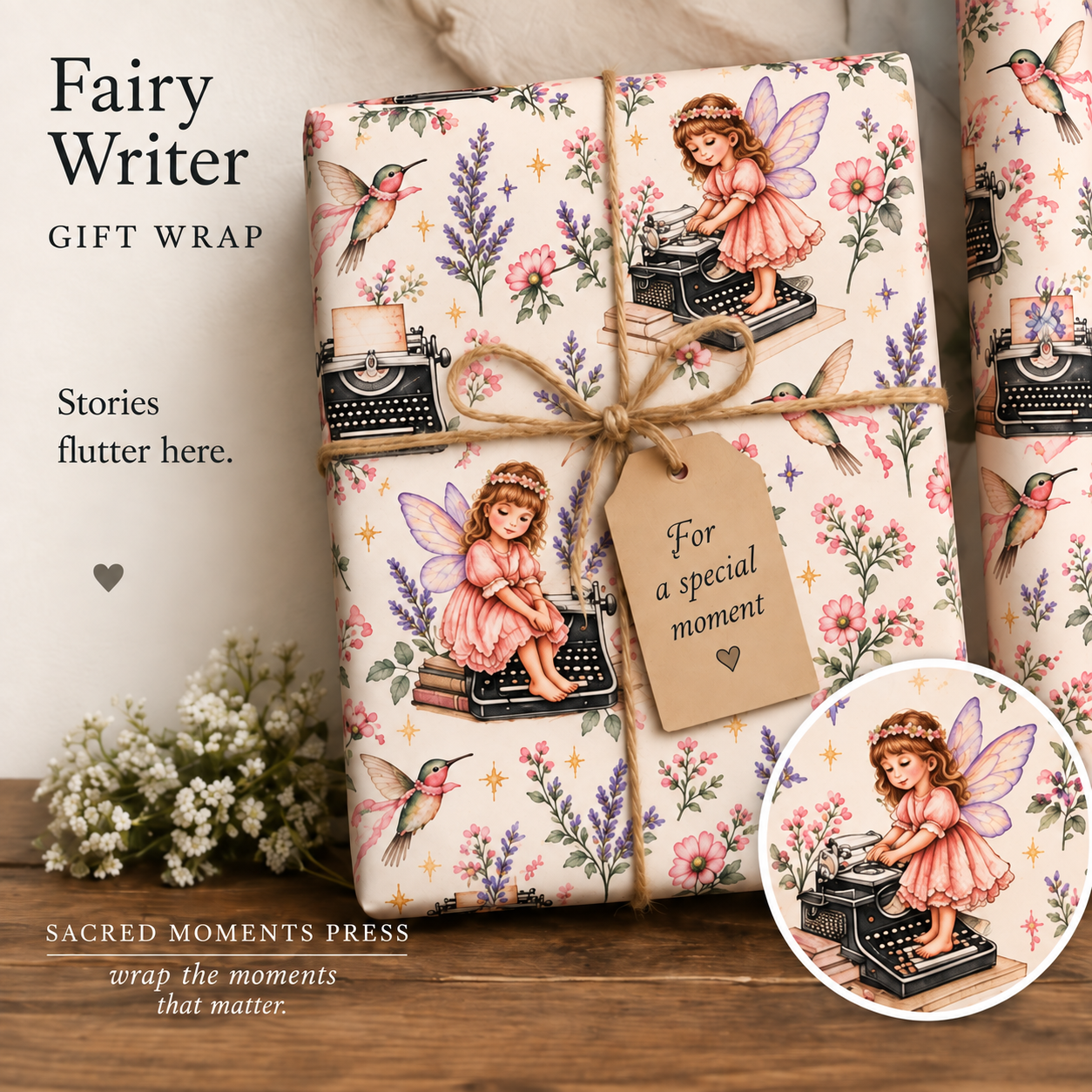 Wrapped gift featuring fairy writers at vintage typewriters among lavender, pink flowers, hummingbirds, and botanical sprigs, with no loose feathers or detached wings.