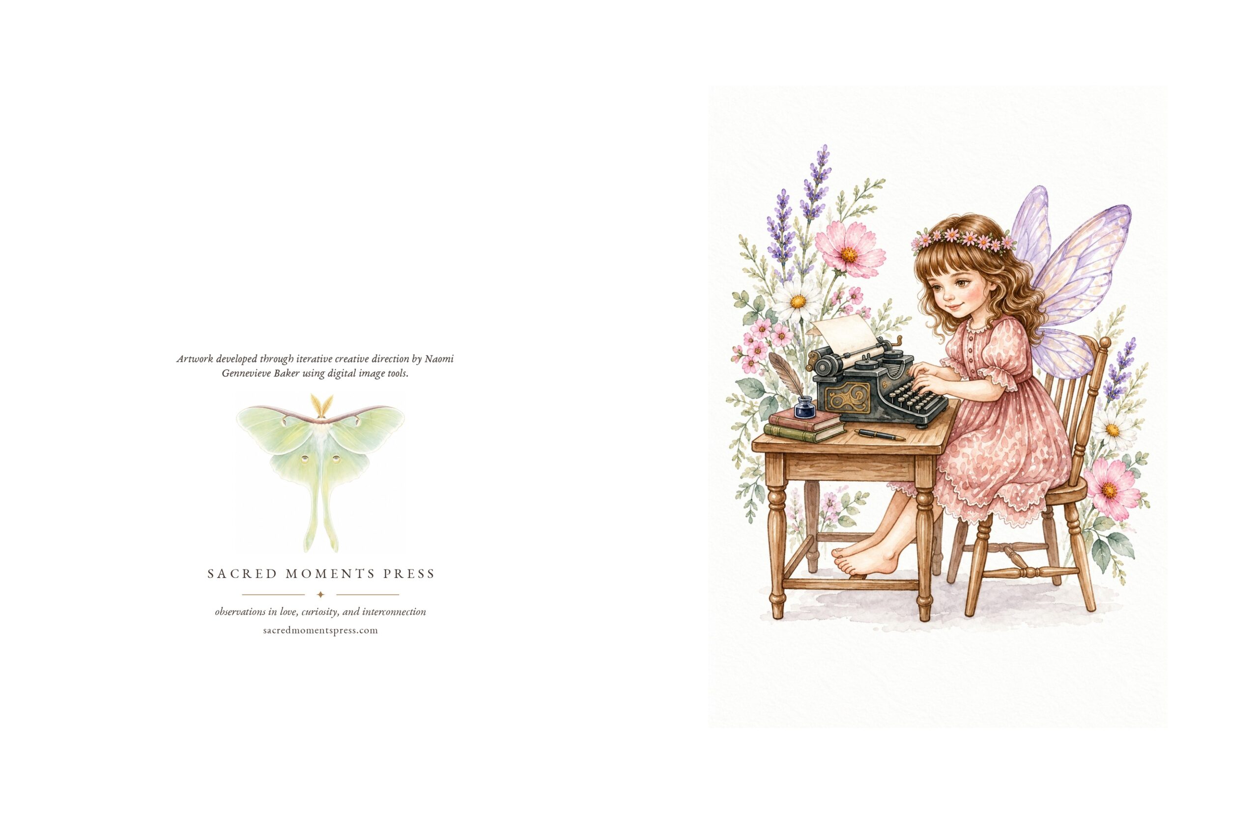 Fairy Writer hard-cover spiral journal artwork featuring the fairy child at her vintage typewriter among flowers and books.