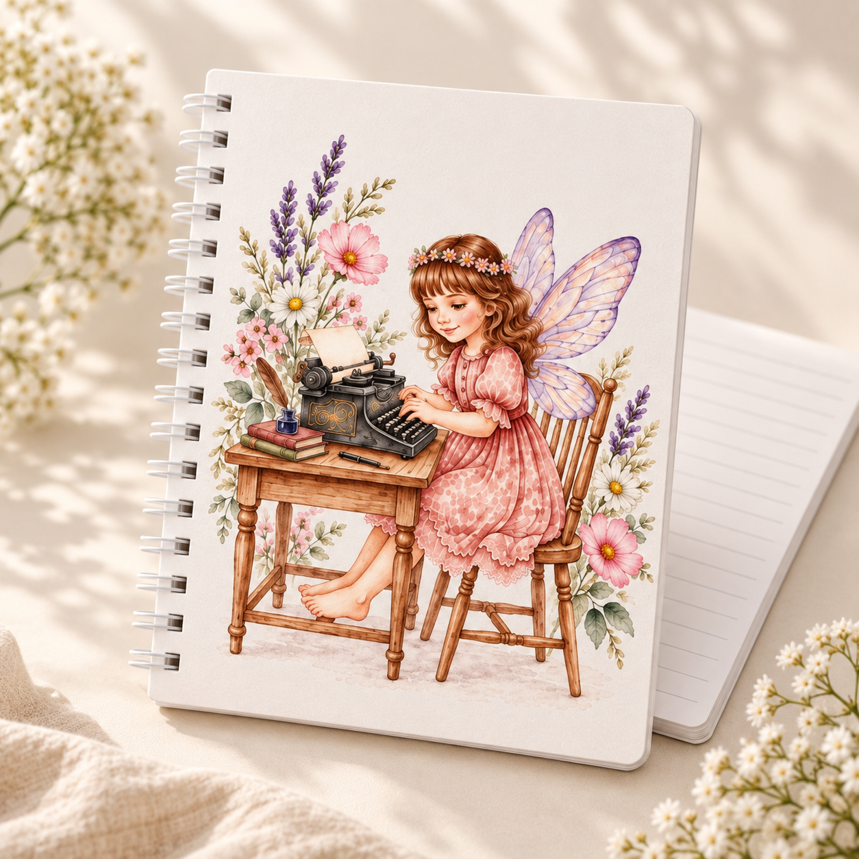 Small spiral notebook mockup featuring the Fairy Writer seated at a vintage typewriter among lavender, daisies, pink flowers, books, and garden details.
