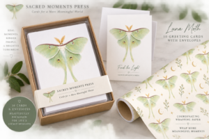 Luna Moth cards and Botanical Celestial wrapping paper mockup with pale green moths, botanical sprigs, tiny stars, and crescent moons.