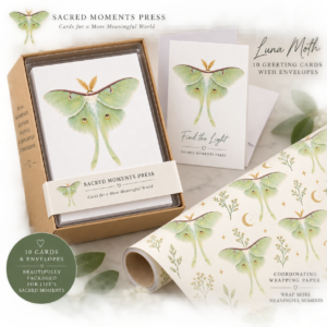 Luna Moth card and Botanical Celestial wrapping paper mockup with pale green moths, botanical sprigs, tiny stars, and crescent moons.