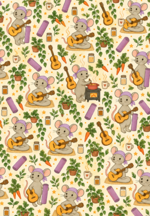 Warm cream gift-wrap pattern with mindful mice playing guitars, cooking, resting with yoga mats, and tending plants, surrounded by carrots, teacups, stars, and greenery.