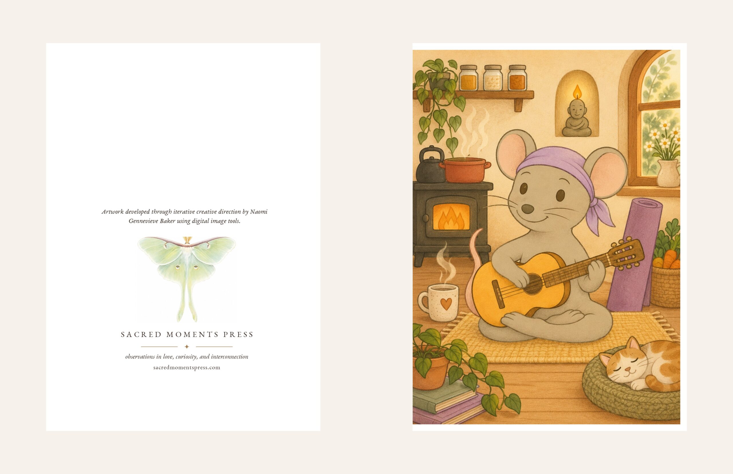 Mindful Mouse hard-cover spiral journal artwork featuring the mouse in a purple headscarf playing guitar in a peaceful room.