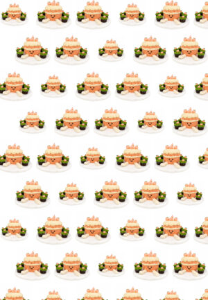 Close-up of the Peach Cake and Garden Cupcakes wrapping-paper pattern with the smiling peach cake, green-frosted cupcakes, tiny peaches, and garden details.