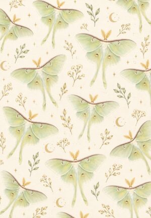 Luna Night Garden botanical pattern with pale green luna moths, gold crescent moons, stars, and delicate foliage on a cream ground.