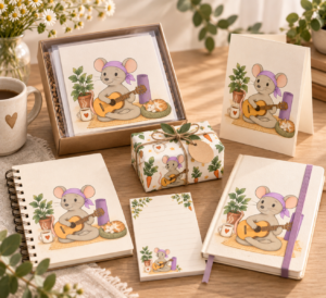 Sacred Moments Press Mindful Mouse family Wire-O notebook mockup with coordinating stationery and gift wrap.
