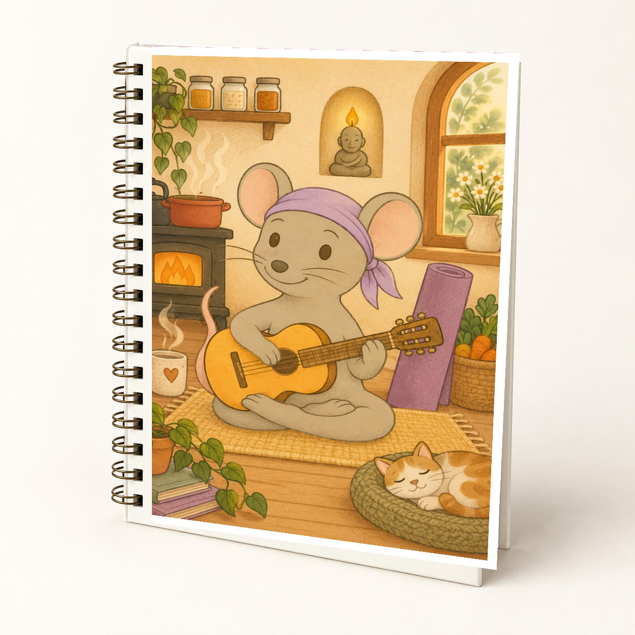 Mindful Mouse hard cover Wire-O journal mockup featuring the approved guitar and quiet-morning artwork on an ivory cover.