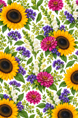Repeating Ben and James wedding-bouquet wrapping-paper pattern with sunflowers, pink and purple flowers, white blooms, and greenery.