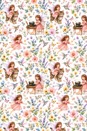 Repeating wrapping paper pattern with the Fairy Writer child, tabby cat, typewriter, hummingbirds, butterflies, and wildflowers.