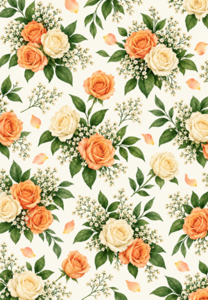 Repeating A Bouquet of Love wrapping-paper pattern with peach and cream roses, baby's breath, and green foliage.