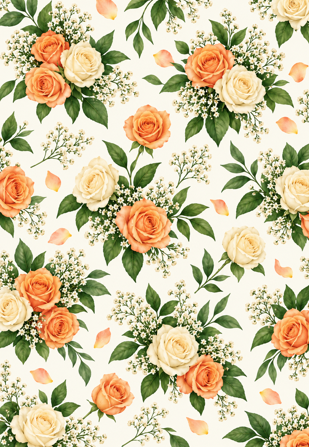 Repeating A Bouquet of Love wrapping-paper pattern with peach and cream roses, baby's breath, and green foliage.