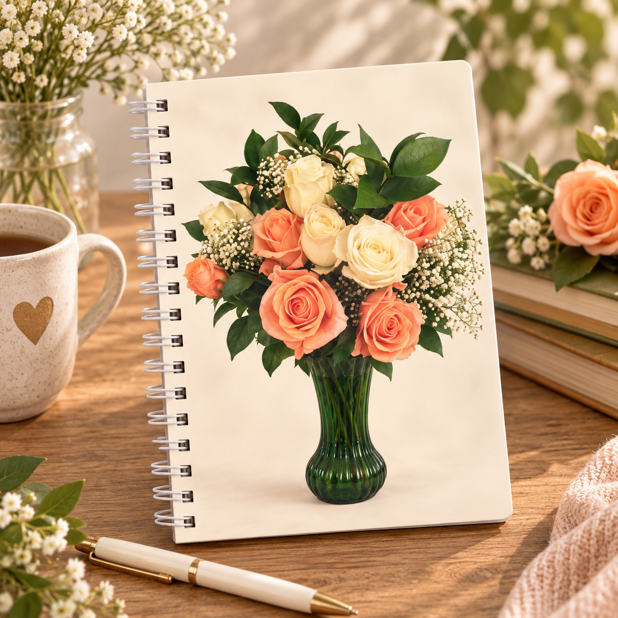 Wire-O journal lifestyle mockup featuring the A Bouquet of Love peach and ivory rose bouquet.